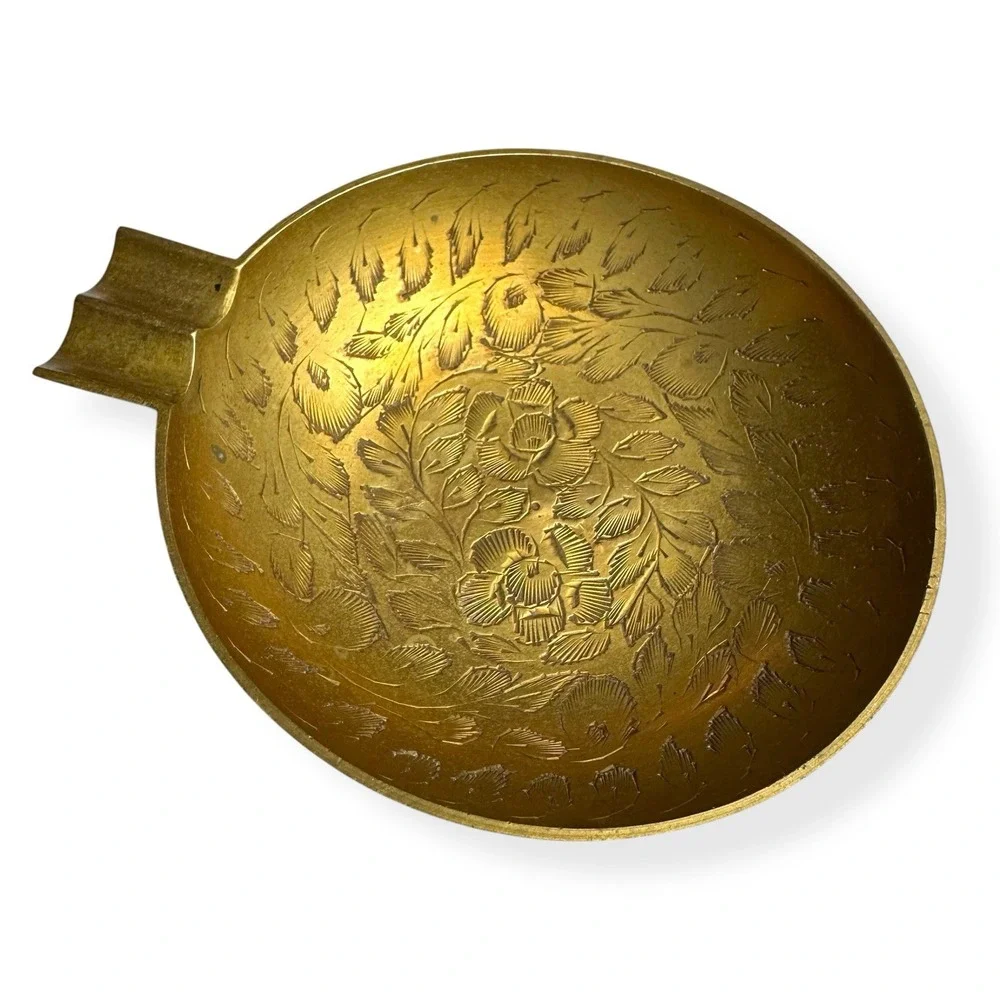 Vintage Mid‎ Century Brass Ashtray Cigarette Cigar India Ornate Marked Metal 4